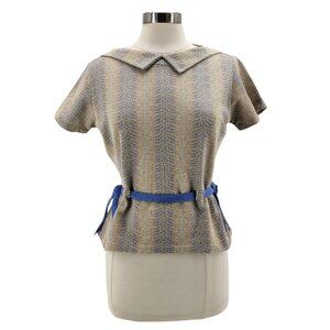 Vintage Minnesota Woolen Tan Blue Collared Fitted Knit Top Womens Large
